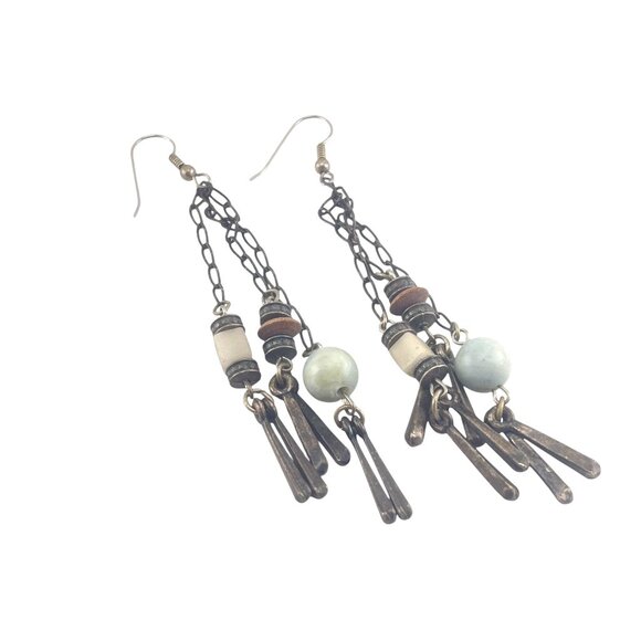 Boho Style Long Dangle Earrings With Metal Chain & Beads - Picture 1 of 8